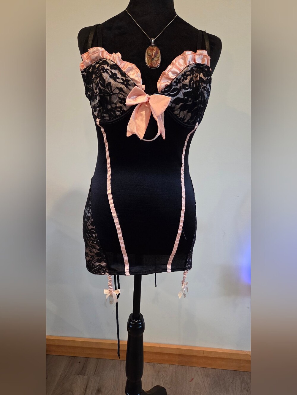 Leg Avenue Black Lace Chemise with Pink Ribbon Trim